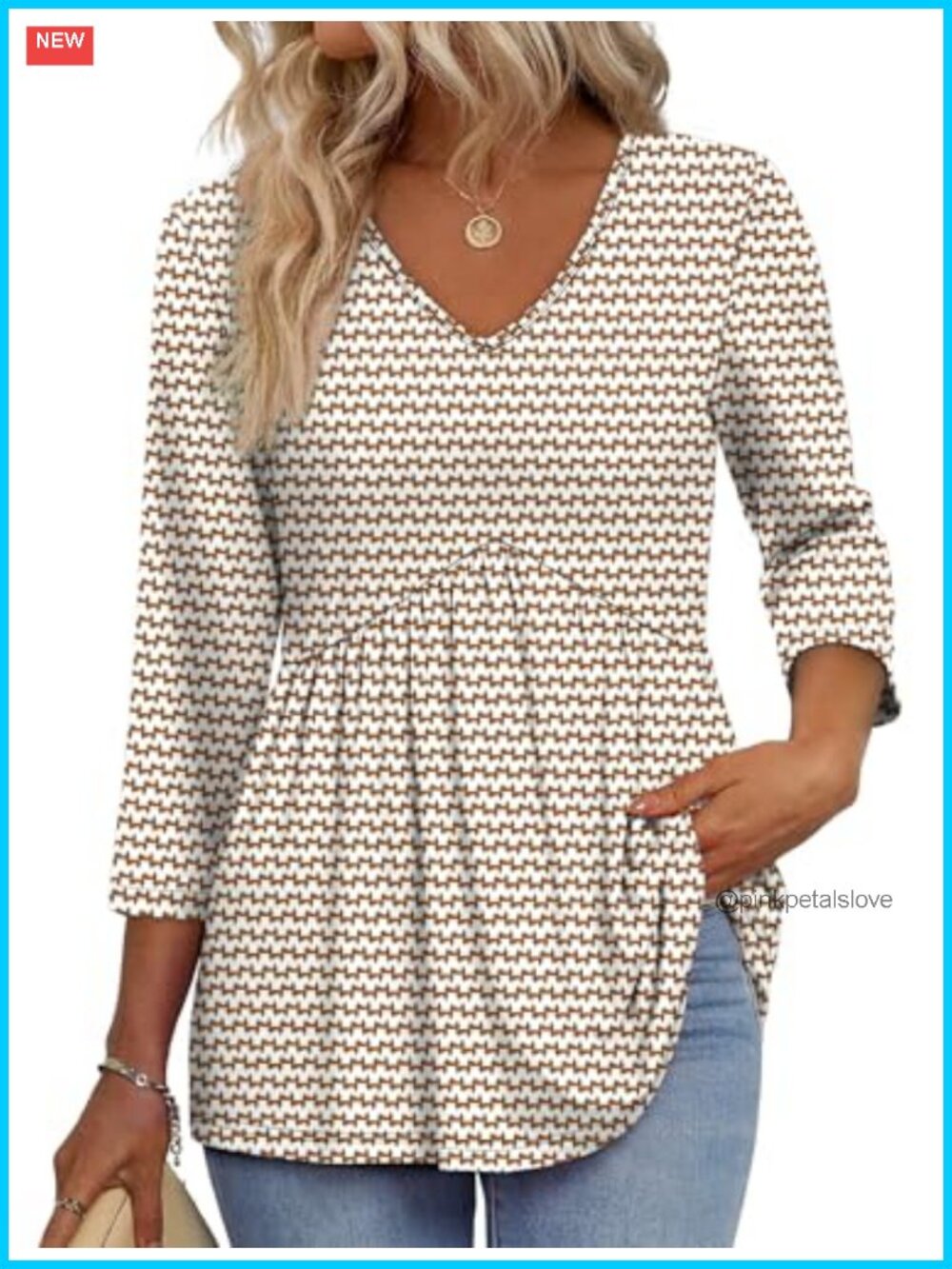 OFEEFAN Womens 3/4 Sleeve V Neck Babydoll Tunic Top Loose Fit Blouse